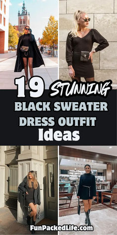 Image features four stylish black sweater dress outfit ideas for women, showcasing versatile winter looks. The text '19 Stunning Black Sweater Dress Outfit Ideas' is prominently displayed in bold colors. Outfits include a sleek black dress paired with a long coat and polka-dot tights, a puff-sleeve sweater dress with a belt bag, a casual layered look with boots, and a chic mini dress styled with tall boots. Black Turtleneck Dress Accessories, Black Shift Dress Outfit Winter, Black Jersey Dress Outfit Winter, Short Black Sweater Dress Outfit, Black Collared Dress Outfits, Black Sweater Dress With Tights And Boots, Black Rib Knit Dress Outfit, Black Dress With Combat Boots Outfit, Sweater Dress Looks