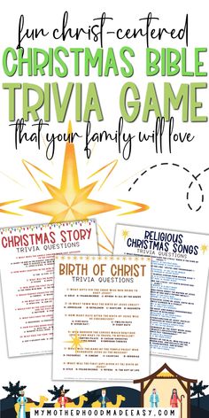 the christmas bible trivia game is shown in green and white with an image of a star