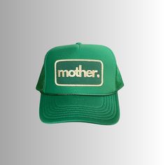 The elevated version of your everyday hat. Our "mother." patch is hand stitched onto a premium trucker hat for extra quality and durability. Wear this hat as a reminder of your incredible strength. Features: High profile, structured Color: Kelly Green "mother." patch is hand stitched onto the front of hat Slightly curved visor Foam trucker with nylon mesh back Plastic snapback We donate 10% of our proceeds to charitable organizations supporting mothers in need. Everyday Trucker Snapback Hat, Green Snapback Trucker Hat As Gift, Everyday Trucker Hat With Curved Bill, Vintage Trucker Hat For Everyday, Everyday Trucker Hat, Green Trucker Hat With Curved Brim, Retro Green Trucker Hat With Curved Brim, Customizable Green Casual Trucker Hat, Adjustable Green Trucker Hat With Logo Patch