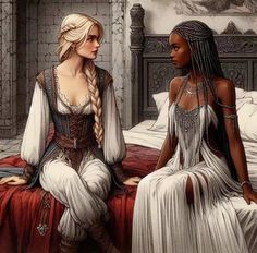 two women sitting on top of a bed next to each other in white dresses and braids