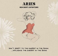 an advertisement for aries new year's intentionss featuring a woman in a red dress