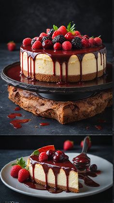 three different views of a cheesecake with chocolate sauce and strawberries on the top