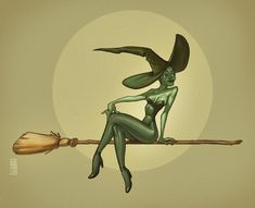 a woman sitting on top of a wooden stick next to a green witch's hat