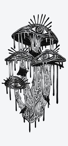 an ink drawing of some kind of strange structure with eyes and other things hanging from it