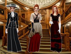 three women in dresses and hats are standing on the stairs