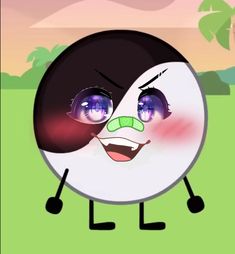 an animated image of a black and white ball with purple eyes, standing in the grass