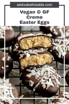 vegan and gf creme easter eggs on a cooling rack with coconut sprinkles