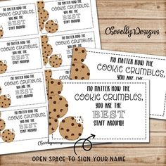 three chocolate chip cookies printables with the words, no matter how cookie crumbles are