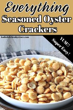 a white bowl filled with seasoned oyster crackers on top of a black and white checkered table cloth