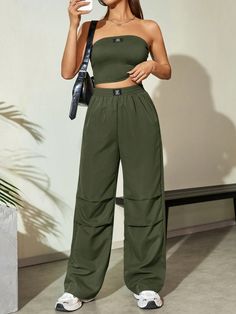 Women's Fashionable Casual Solid Color Tube Top And Wide-Leg Pants Two Piece Set For Summer Army Green Casual   Fabric,Knitted Fabric Plain  Slight Stretch  Women Clothing, size features are:Bust: ,Length: ,Sleeve Length: Elastic Waistband Pants, Top Pants Set, Kids Sleepwear, Kids Beachwear, Two Piece Set, Two Piece Outfit, Long Sleeve Sweatshirts, Long Sleeve Crop Top, Tube Top