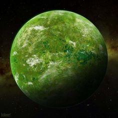 an artist's rendering of a green planet with stars in the background