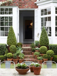 potted plants are sitting on the table in front of a house with white windows