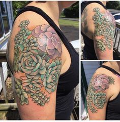 three pictures of a woman's arm with flowers and succulents on it