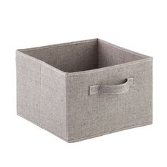 a gray fabric storage bin with handles and two compartments on the front, one is open