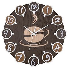 a wooden clock with coffee on it and numbers around the clock, which reads 11 o'clock