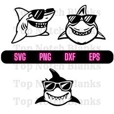 two shark heads with sunglasses and the words svg png dxf eps