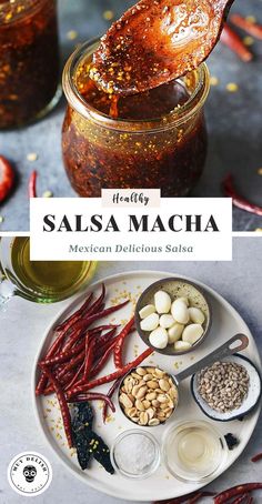 the ingredients to make salsa are shown on a white plate with spoons and spices