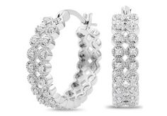 These classic diamond hoop earrings feature 32 sparkling diamonds in J-K color, I2-I3 clarity at 1/2 carat total weight. The hoops have secure hinge with notched posts. These earrings are in platinum over brass metal and are 3/4 inch in diameter. - Lifetime Guarantee - 60 Day Worry-Free Return - 1/2 Carat Double Row Diamond Hoop Earrings, 3/4 Inch, J/K by SuperJeweler Diamond Hoop Earrings, 2 Carat, Brass Metal, Sparkle Diamonds, Earring Backs, Diamond Clarity, Diamond Shapes, Diamond Rings, Colored Diamonds