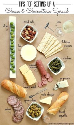 a table topped with lots of different types of cheese and other foods on top of it