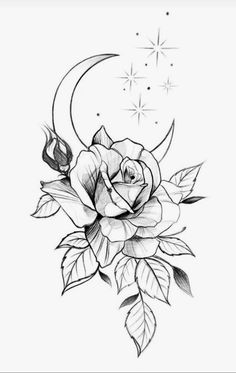 a black and white drawing of a rose with the moon in the sky behind it