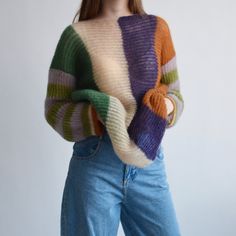 Hello, I'm the one, who won't let you down - multicolor mohair sweater. I will comfort you, keep you warm and will make you smile. I'm 100% hand made and proud of that. I consist of 70% Italian kid mohair and 30% nylon, which makes me incredibly natural. I'm quite unique as could be worn all year long. I'm in one size and one size fits all because my measurements are : ❤️ Width -58cm ❤️ Lengths -68cm If you would like me in other size, you could request a custom order with your own parameters, s Multicolor Mohair Sweater For Fall, Multicolor Long Sleeve Yarn Sweater, Multicolor Mohair Sweater For Winter, Oversized Multicolor Knitted Sweater, Multicolor Acrylic Hand Knitted Sweater, Multicolor Hand Knitted Acrylic Sweater, Hand Knitted Multicolor Acrylic Sweater, Oversized Multicolor Wool Sweater, Multicolor Long Sleeve Mohair Sweater