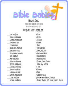 a blue and white bible baby's list with the words, names, and symbols