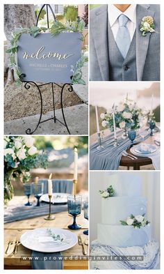 a collage of photos with blue and white wedding colors