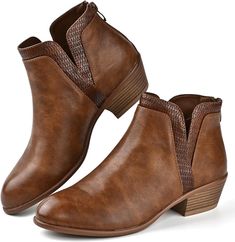 Amazon.com | SDONY Women's Ankle Boots Low Heels Chunky Fashion Zipper Dressy Booties for Women(8.5M, Brown) | Ankle & Bootie Chunky Fashion, Heels Chunky, Booties For Women, Comfy Winter, Grey Booties, Women's Ankle Boots, Pointed Toe Boots, Zipper Boots, Chunky Boots