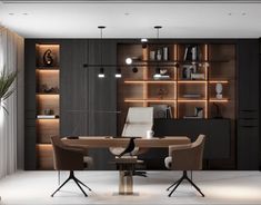 an office with modern furniture and lighting in the corner, along with shelves full of books