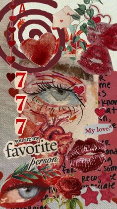 an altered collage with many different images and words, including hearts, flowers, leaves, and other things