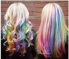 Blond Rainbow Hair, Rainbow Underneath Hair Blonde, Rainbow Color Hair Ideas, Rainbow And Blonde Hair, Blonde And Bright Colored Hair, Rainbow Blonde Hair, Peek A Boo Hair Color Ideas For Blondes, Under Color Hair Ideas Blondes, Blonde And Rainbow Hair