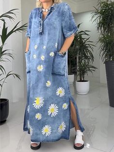 Description SPU: YSHMY240809 Style: casual Color:blue Season: summer Neckline:V-neck Sleeve Length: short sleeve Material: Cotton Size: S/M/L/XL/2XL/3XL/4XL/5XL Size Chart： Length Sleeve Length Bust CM inch CM inch CM inch S 138 54.3 29 11.6 104 40.9 M 139 54.7 30 12.0 109 42.9 L 140 55.1 31 12.2 114 44.9 XL 141 55.5 32 12.6 119 46.9 2XL 142 55.9 33 13.0 124 48.8 3XL 143 56.3 34 13.4 129 50.8 4XL 144 56.7 35 13.8 134 52.8 5XL 145 57.1 36 14.2 139 54.7 This data was obtained from manually measuring the product. it may be off by 1-2 CM. Printed Denim Dress, Daisy Print, Printed Denim, Relaxed Style, Elegant Dresses, Denim Dress, Blue Dresses, Length Sleeve, Everyday Wear