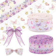 two rolls of pink and purple ribbon with butterflies on them