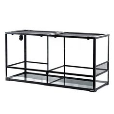 two black glass shelves with wheels on each side and one shelf below the other, both holding various items