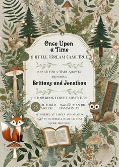 an image of a birthday party with forest animals and books in the middle, surrounded by greenery