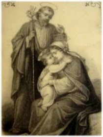 an old photo of a man and woman holding a baby in his lap, with the image of jesus on it