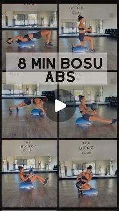 a woman is doing an abs workout on a blue exercise mat with the words 8 min bosu abs