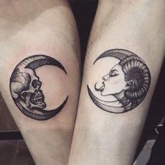 two tattoos on the legs of people with skulls and crescent moon faces in black ink