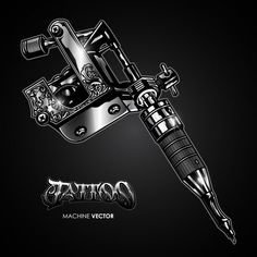 a tattoo machine is shown on a black background