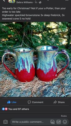 two red and blue mugs sitting next to each other