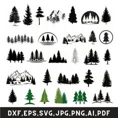 various types of trees and mountains in black and white, with the text dxf eps