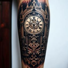 a man's arm with a clock tattoo on it