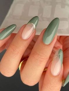 Wedding guest nails can be an important part of completing the perfect wedding guest outfit. Partial French Tip Nails, Solid And French Tip Nails, Spring Nails 2023 Green, Nails To Match Sage Green Dress, Save Green Nails, Dip Spring Nails, One Nail Art, Almond Nails Nail Art, Green Acrylic Nails