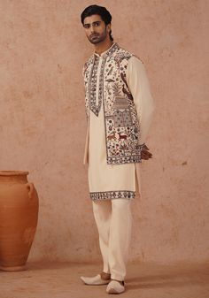 Cream Embroidered Kurta Set With Jacket Kalpraag - Fabilicious Fashion Designer Resham Embroidered Nehru Jacket, Designer Resham Embroidery Nehru Jacket, Designer Embroidered Chanderi Nehru Jacket, Designer Floral Embroidered Nehru Jacket For Navratri, Traditional Nehru Jacket With Mirror Work For Festivals, Fitted Embroidered Nehru Jacket In Chanderi, Festive Embroidered Sherwani In Georgette, Festive Embroidered Georgette Sherwani, Designer Chanderi Outerwear With Resham Embroidery