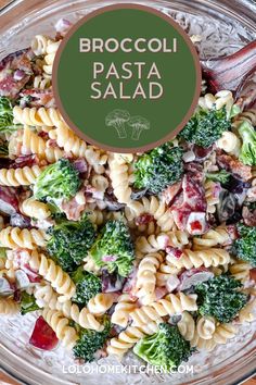 broccoli pasta salad in a glass bowl with a green label over the top