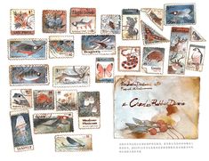 an assortment of stamps with birds and flowers on them