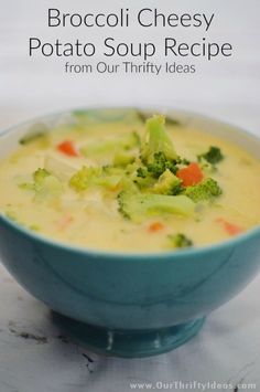 broccoli cheesy potato soup recipe in a blue bowl on a marble countertop