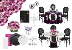 the table is decorated with purple flowers and black chairs