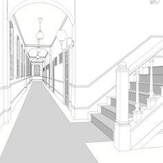 an architectural drawing of a hallway with stairs and lamps on either side of the hall