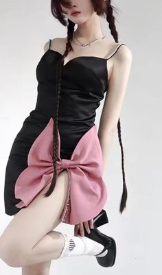 Pink Date Night Outfit, Black And Pink Clothes, Black Dress With Pink Bow, Mini Dress Outfit Party, Pink Party Mini Dress With Bow, Black Mini Dress With Bow, Flirty Pink Mini Dress With Bow, Elegant Black Mini Dress With Bow Straps, Pink A-line Mini Dress With Bow